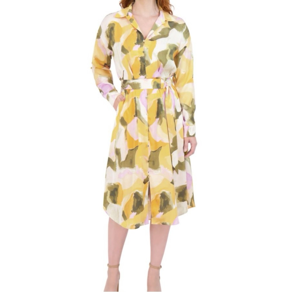 Yellow Long Sleeve Notched Collar Shirt Dress